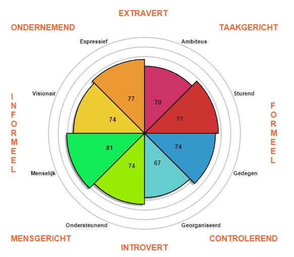 Voorbeeld van een GedragsFlexibiliteitSchaal-profiel met de acht kerncompetenties.