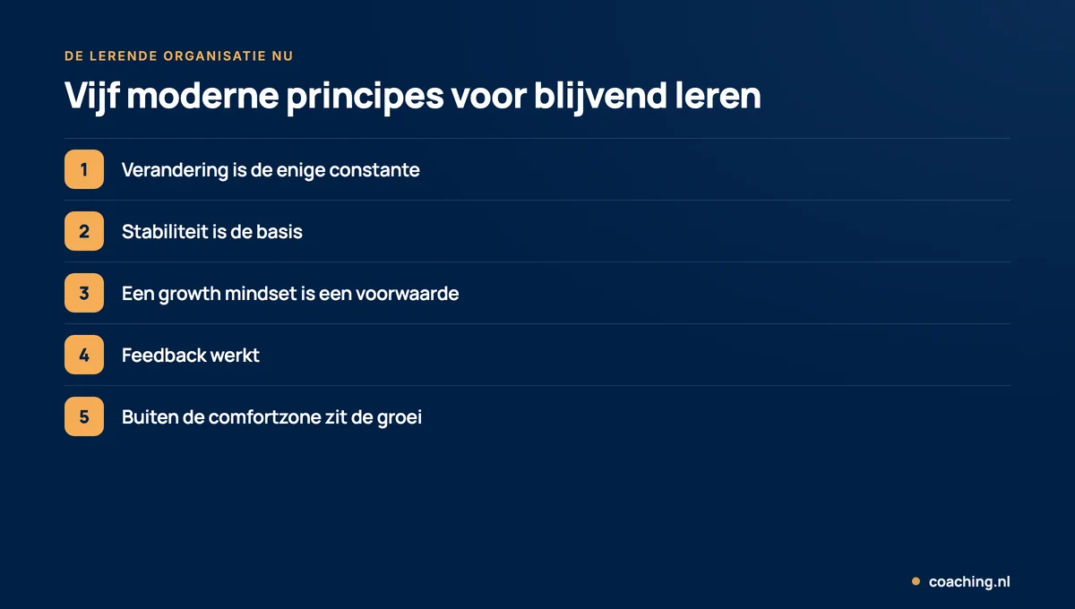 Infographic met vijf moderne principes voor de lerende organisatie: verandering is constant, stabiliteit is de basis, een growth mindset, feedback werkt en buiten de comfortzone zit de groei.