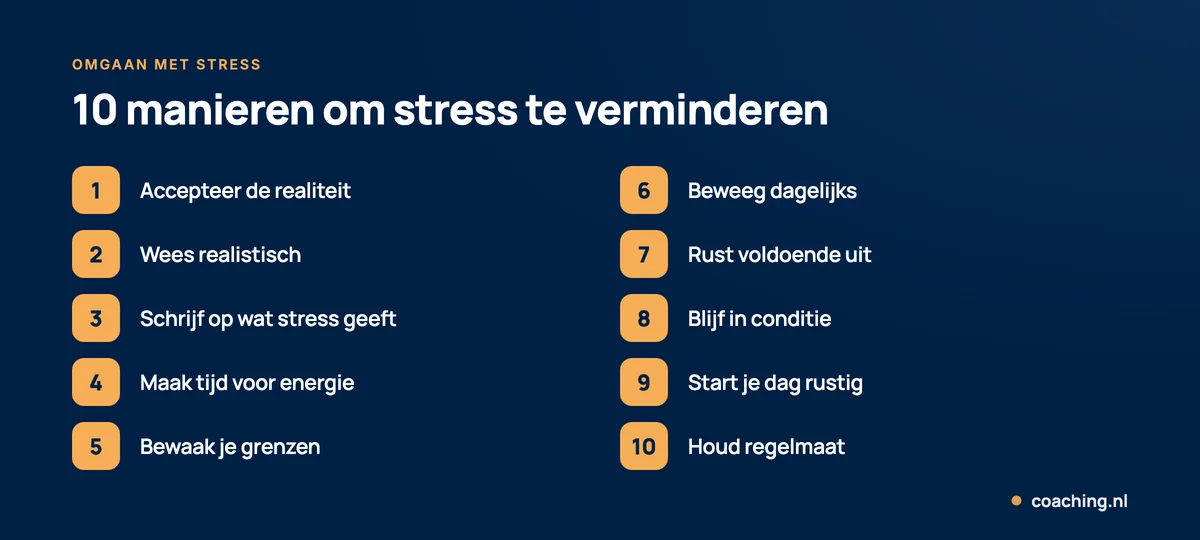 Infographic met 10 manieren om stress te verminderen: accepteer de realiteit, bewaak je grenzen, beweeg, rust uit en houd regelmaat.