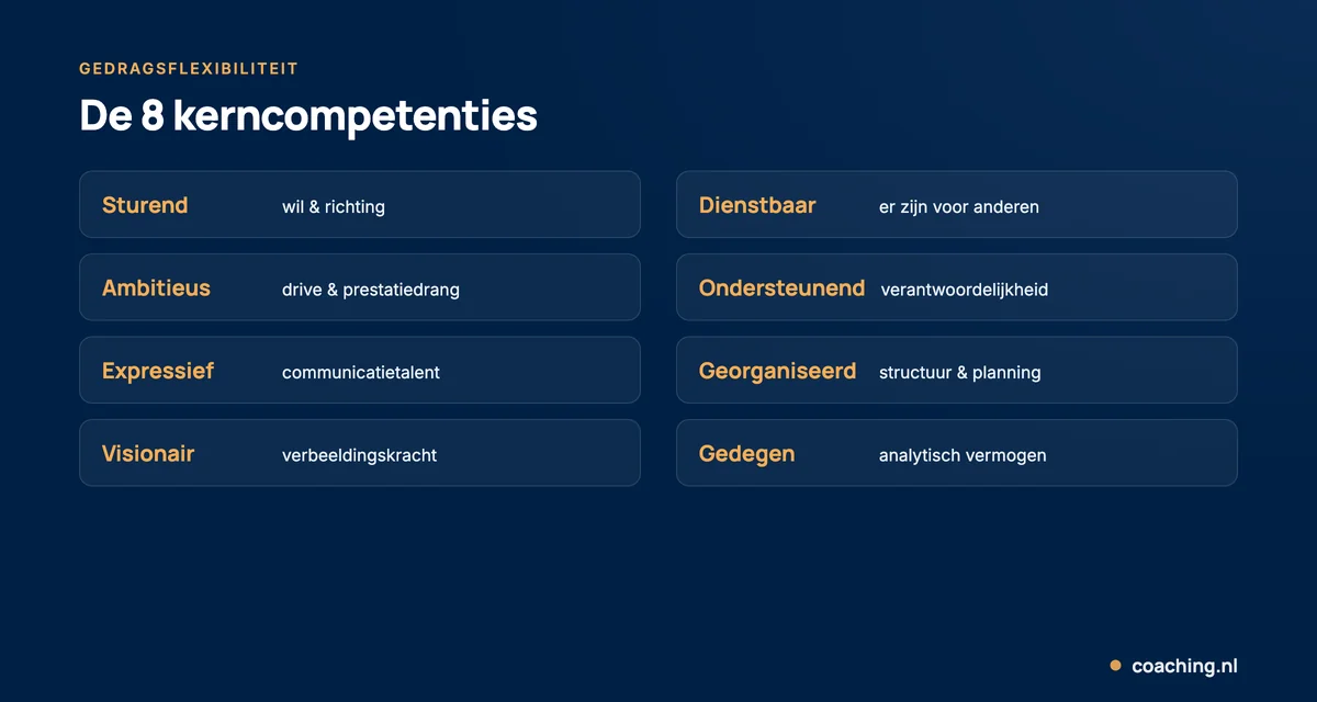 Infographic met de 8 kerncompetenties van gedragsflexibiliteit: sturend, ambitieus, expressief, visionair, dienstbaar, ondersteunend, georganiseerd en gedegen.